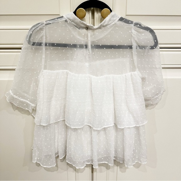 Zara Womens White Cream Swiss Dot Semi Sheer Tiered Ruffle Pussybow Tie Neck Top - Picture 13 of 13